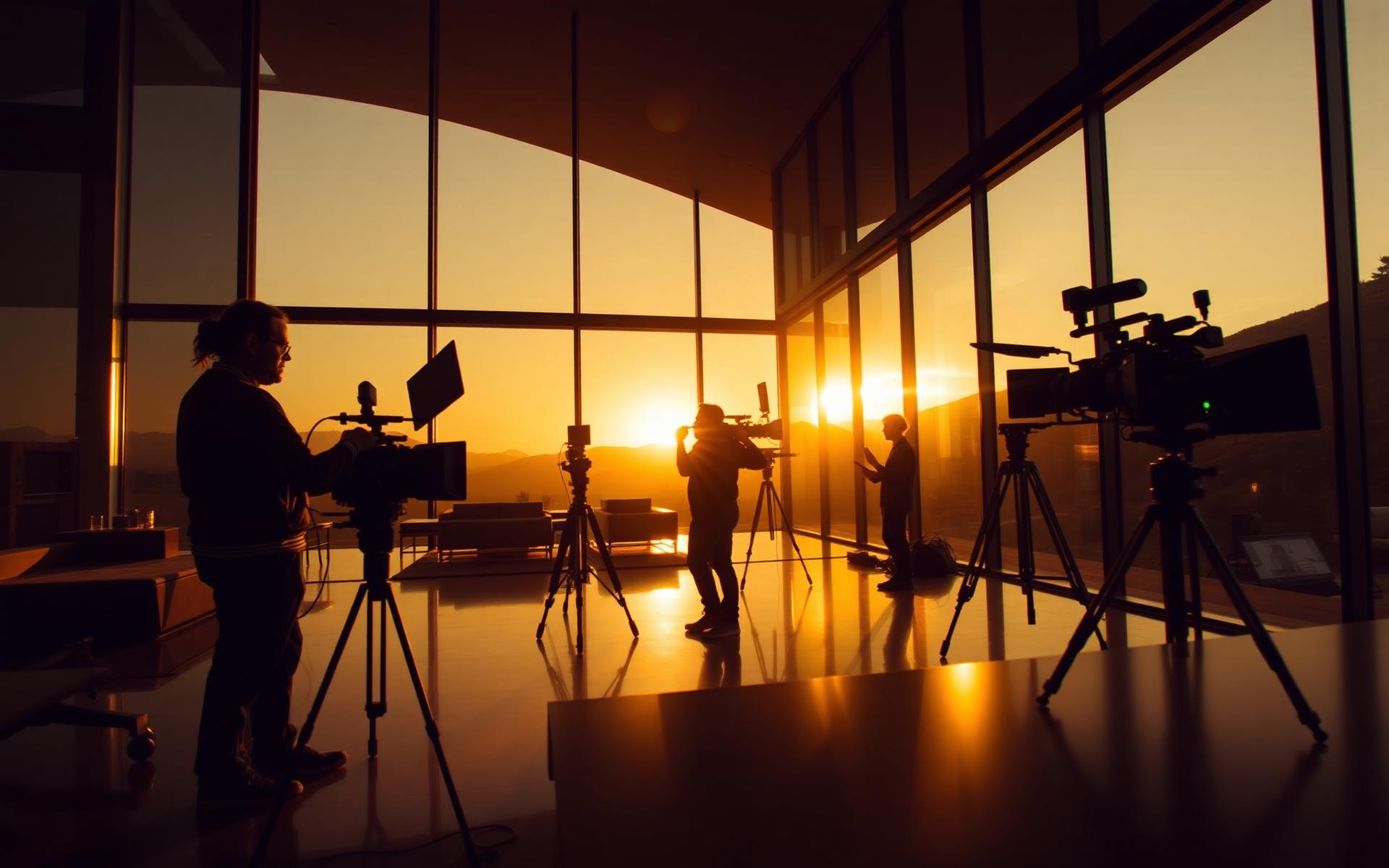 Film crew shooting inside a luxury modern home